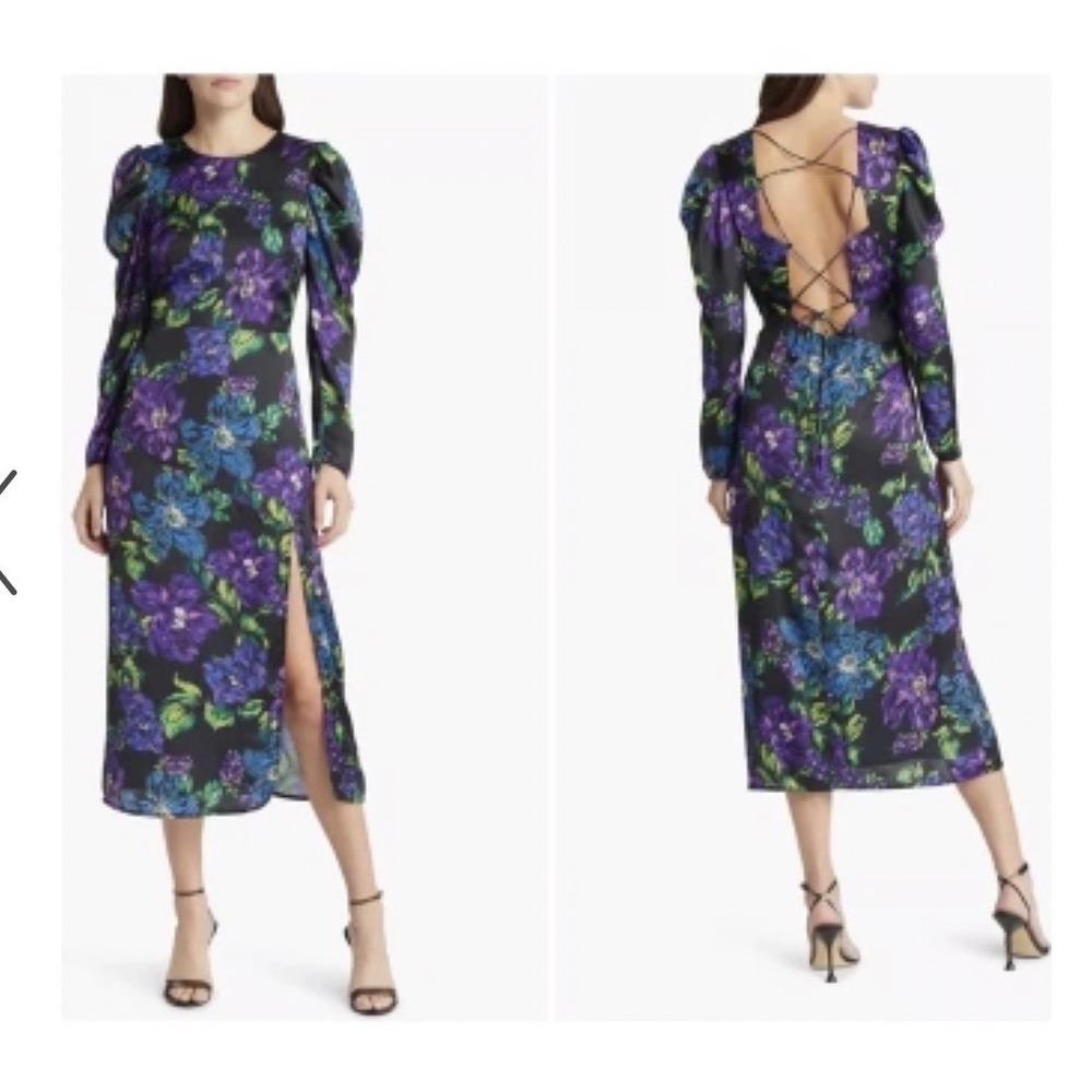 Adelyn Rae Midi Dress Womens S Black Purple Floral Open Back NEW Party Guest
